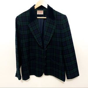 Pendleton blue green color combo plaid velvet trim blazer sz 8